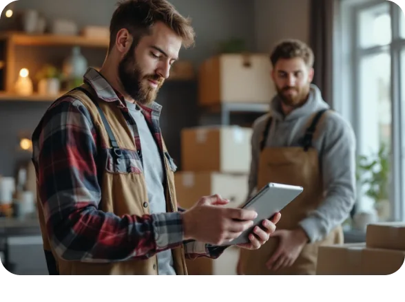Déménageur consulte le dossier sur tablette parmi les cartons