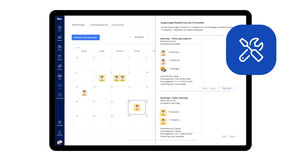 Inhuurscherm in Bas met een kalender en aanvragen voor flexibele inzet