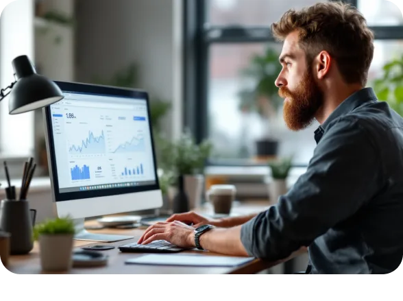 Entrepreneur consulte un tableau de bord statistique sur ordinateur