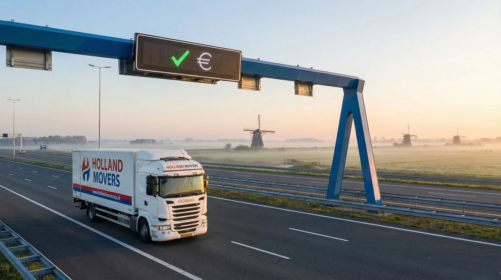 Camion de déménagement sur l'autoroute avec un péage en arrière-plan - illustration sur la taxe poids lourds pour les entreprises de déménagement