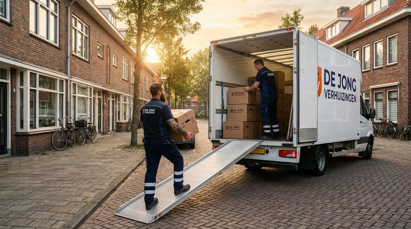 Déménageurs professionnels chargeant des cartons dans un camion de déménagement dans une rue néerlandaise au coucher du soleil
