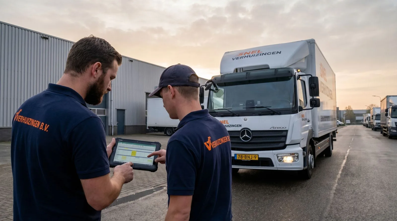Twee verhuizers bekijken de planning op een tablet voor een Mercedes bakwagen op een Nederlands bedrijventerrein.
