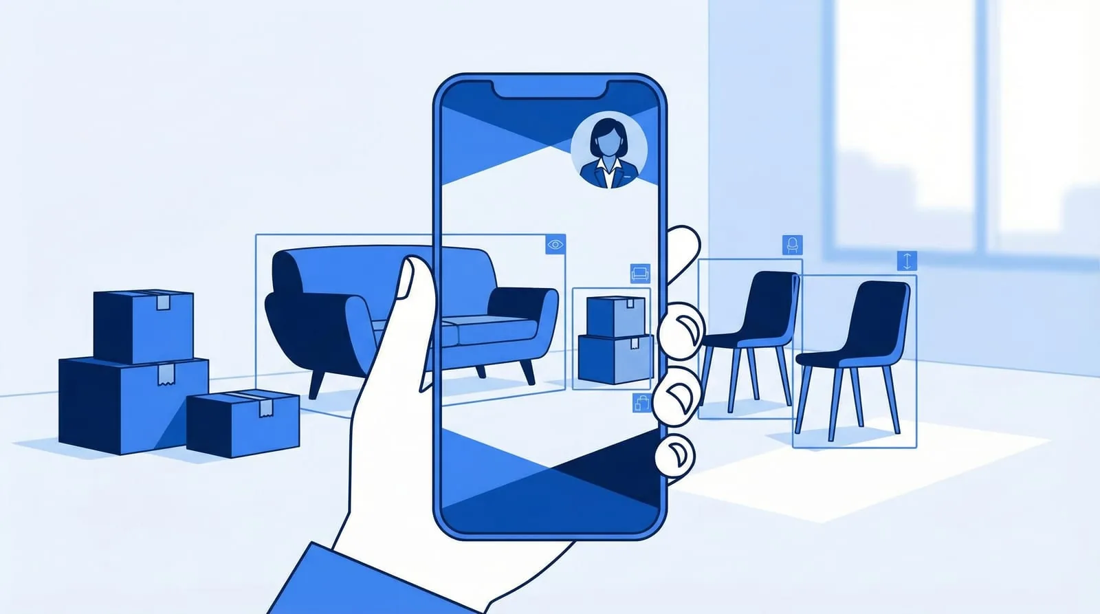 Estimation IA pour les déménagements - smartphone avec appel vidéo où l'IA reconnaît automatiquement les meubles dans un salon avec des cartons de déménagement
