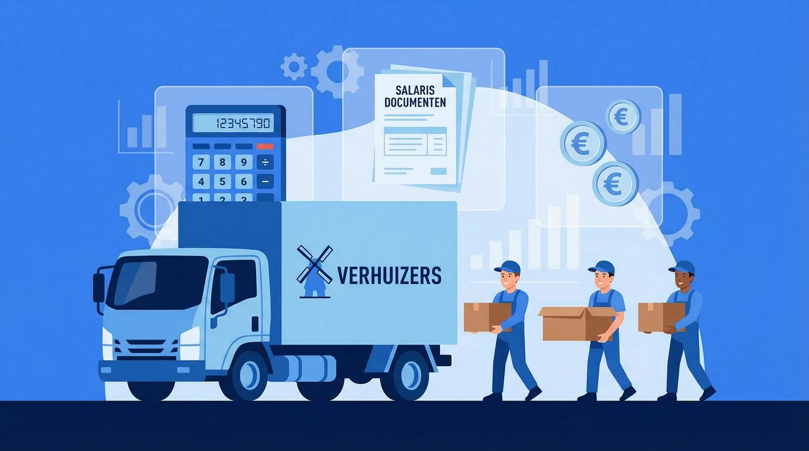 Déménageurs avec des cartons à côté d'un camion de déménagement, avec une calculatrice et des documents de salaire en arrière-plan - illustration sur les coûts de personnel dans le secteur du déménagement