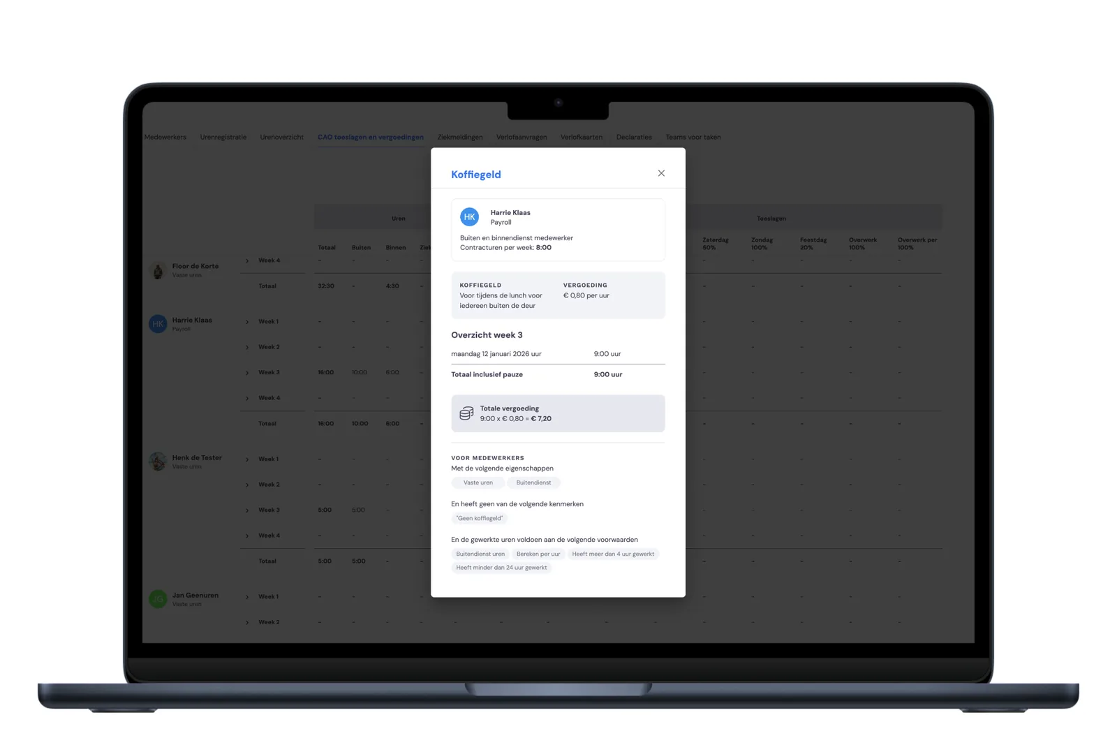 Bas CLA surcharges and allowances dashboard showing coffee money calculation per employee.