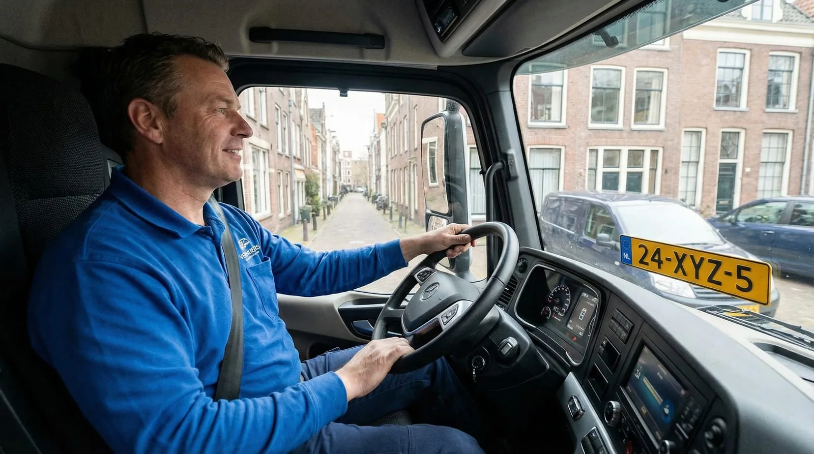 Déménageur au volant d'un camion de déménagement avec un collègue chargeant des cartons - illustration sur le recrutement de chauffeurs