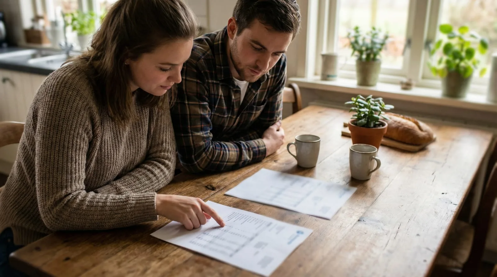 Couple compares two moving quotes at the kitchen table.