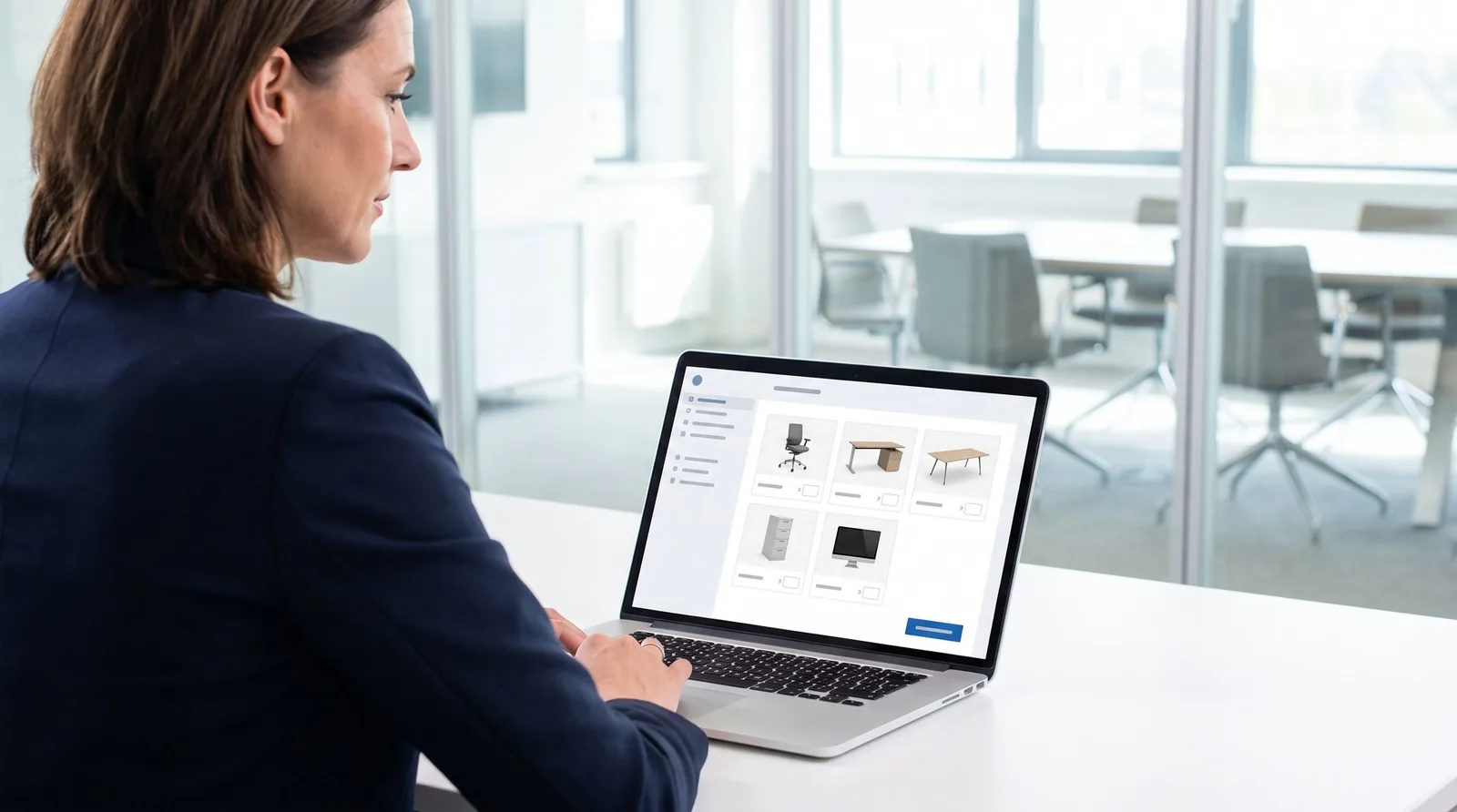 Facilitair manager bekijkt op een laptop de opgeslagen kantoormeubels in een klantportaal voor opslag.