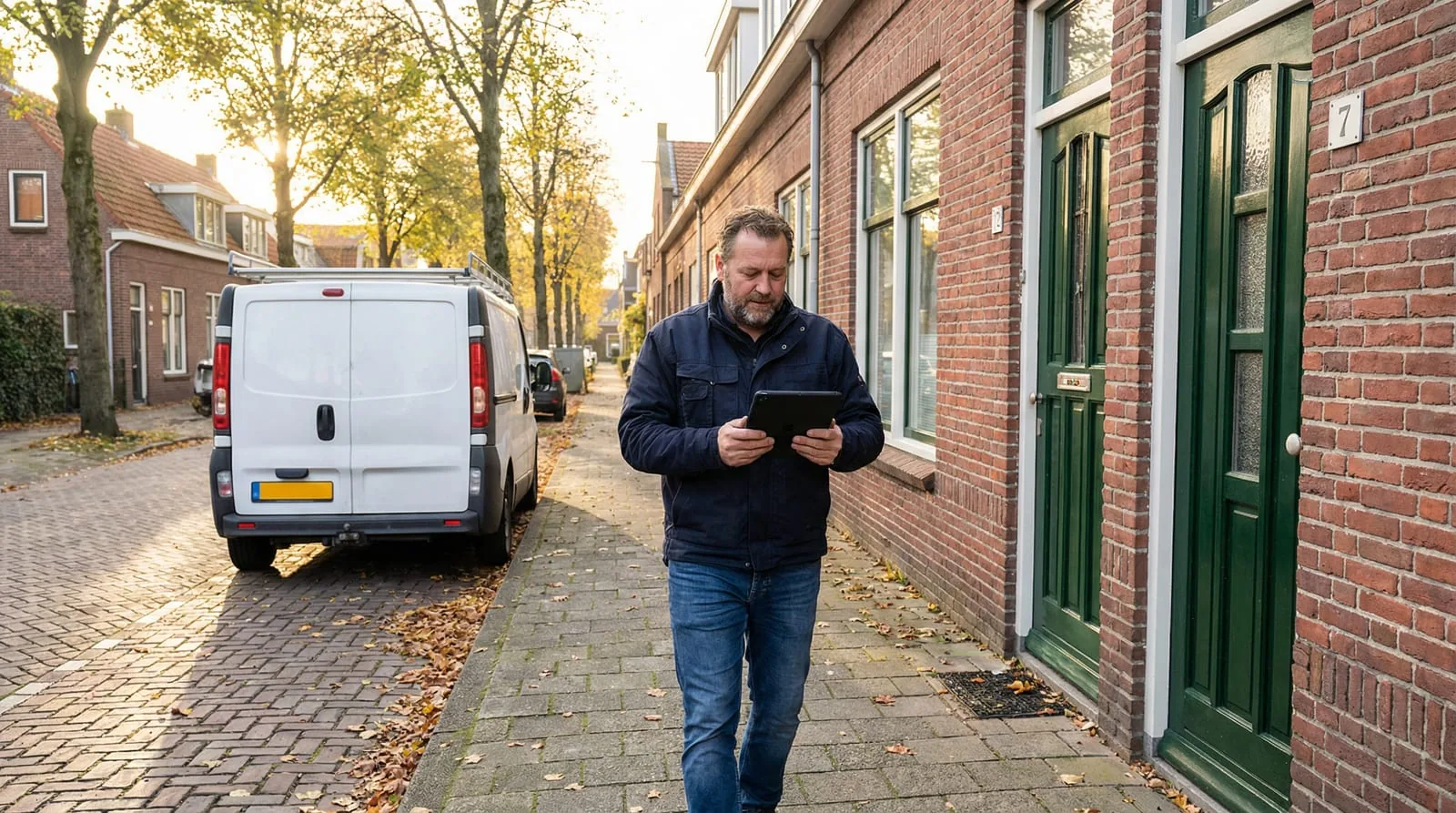 Un collaborateur d'une entreprise de déménagement rappelle un client depuis son bureau avec un ordinateur portable.