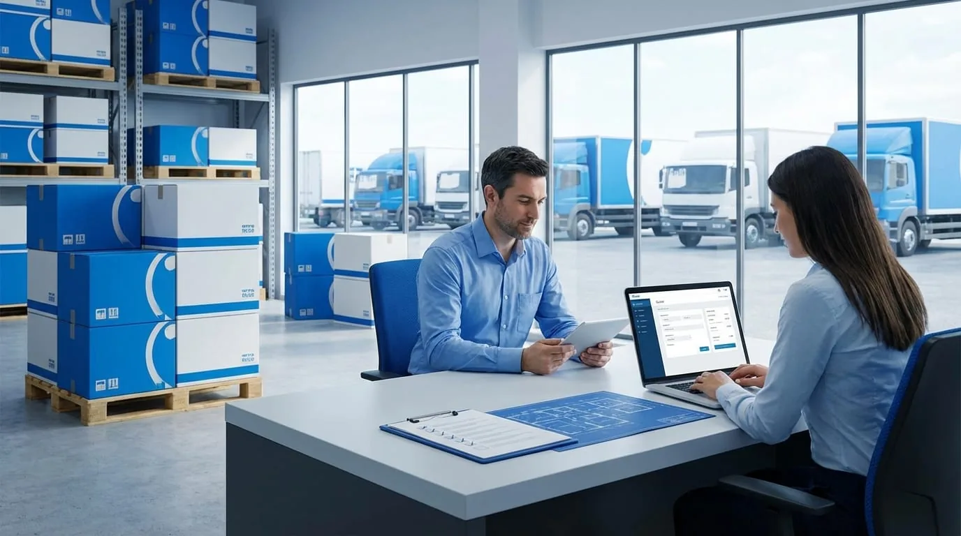 Devis de déménagement professionnel avec ordinateur portable, documents et cartons sur un bureau