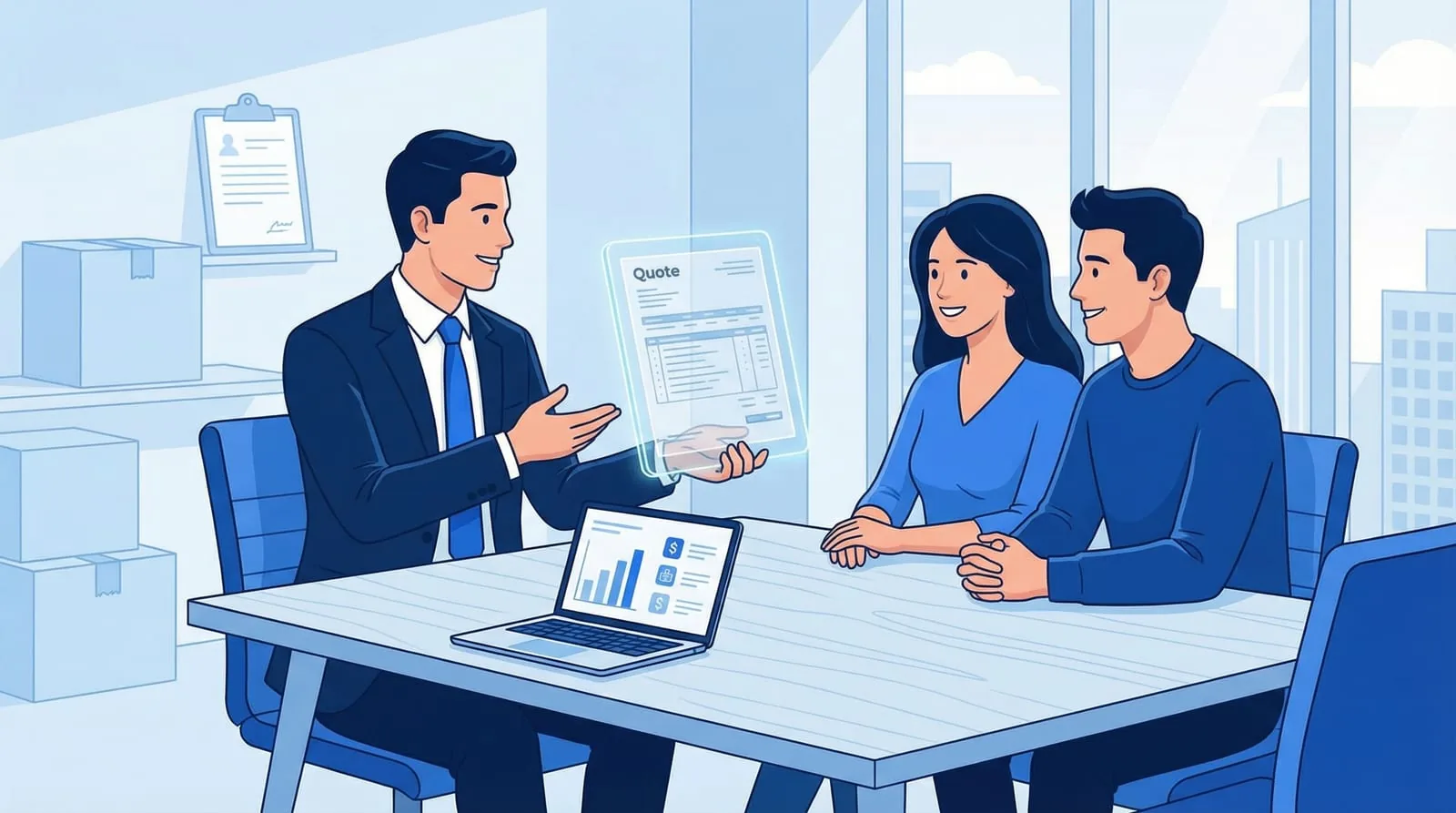 Professionnel du déménagement présentant un devis transparent à des clients satisfaits dans un bureau moderne avec des cartons de déménagement en arrière-plan