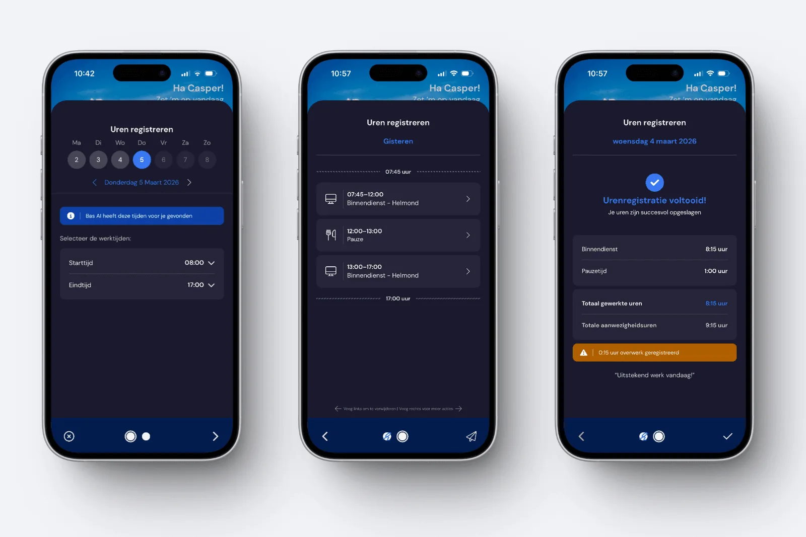 Application Bas d'enregistrement des heures sur trois téléphones: choisir le jour, vérifier, terminé.