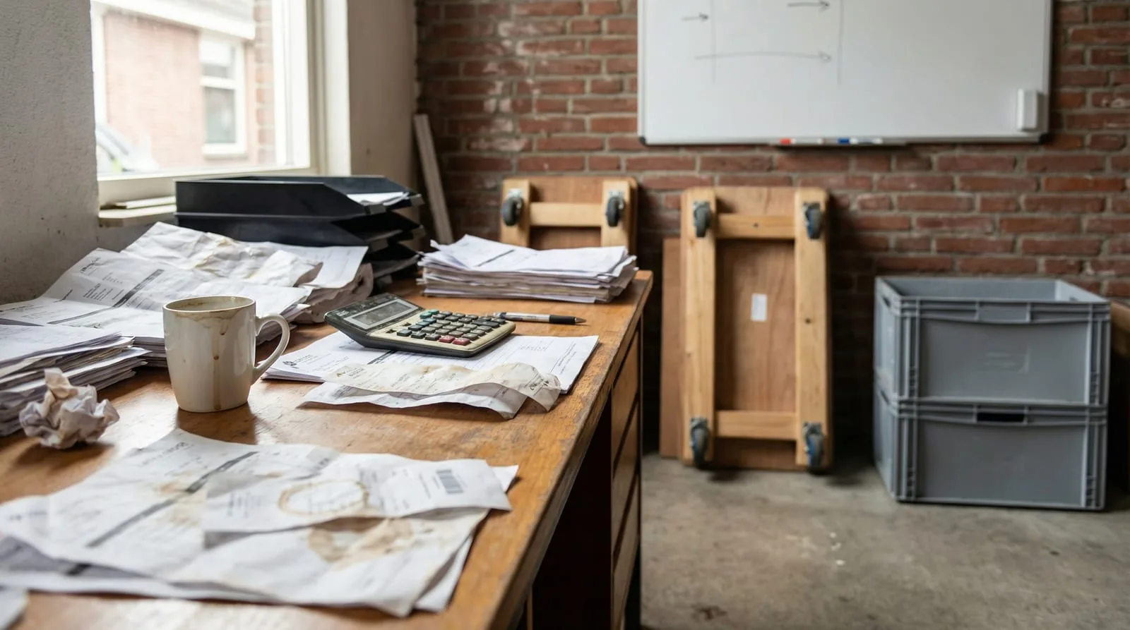 Pile de bons de travail papier et cartons dans un camion de déménagement
