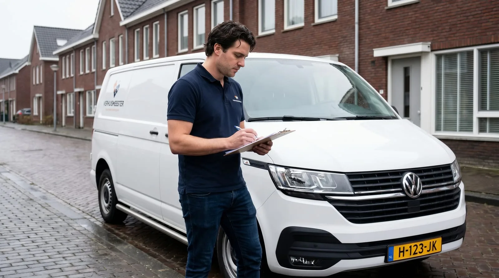 Startende ondernemer met clipboard bij witte bestelbus op Nederlandse woonstraat voor nieuw verhuisbedrijf.