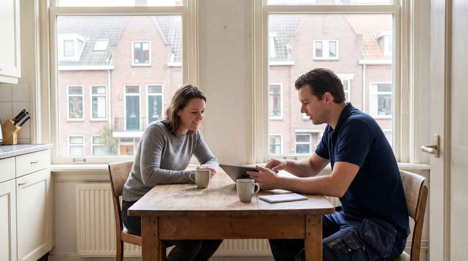 Déménageur créant un devis professionnel sur tablette à la table de cuisine du client