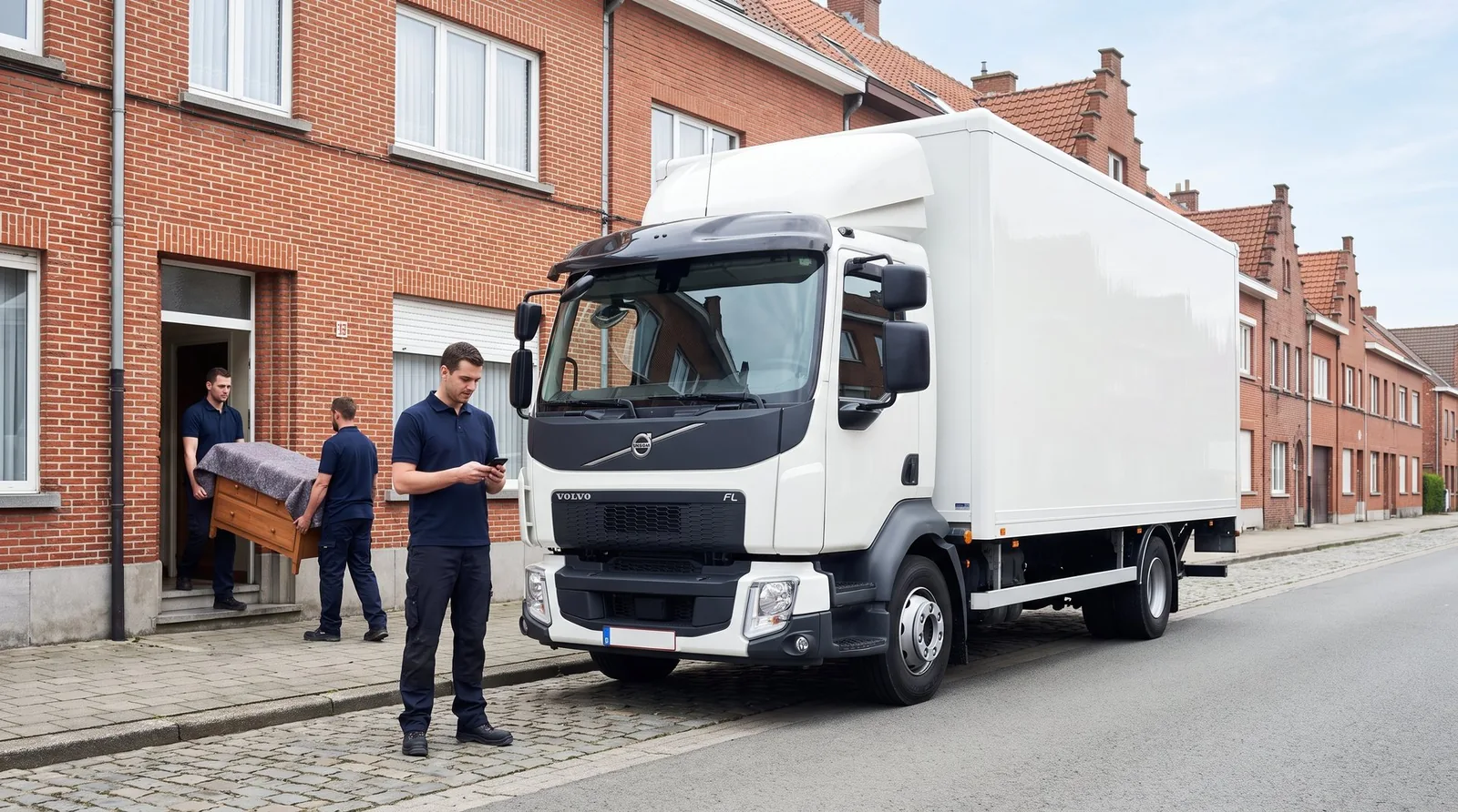Verhuizer checkt met zijn telefoon in bij de start van een verhuizing in België, voor de aanwezigheidsregistratie.