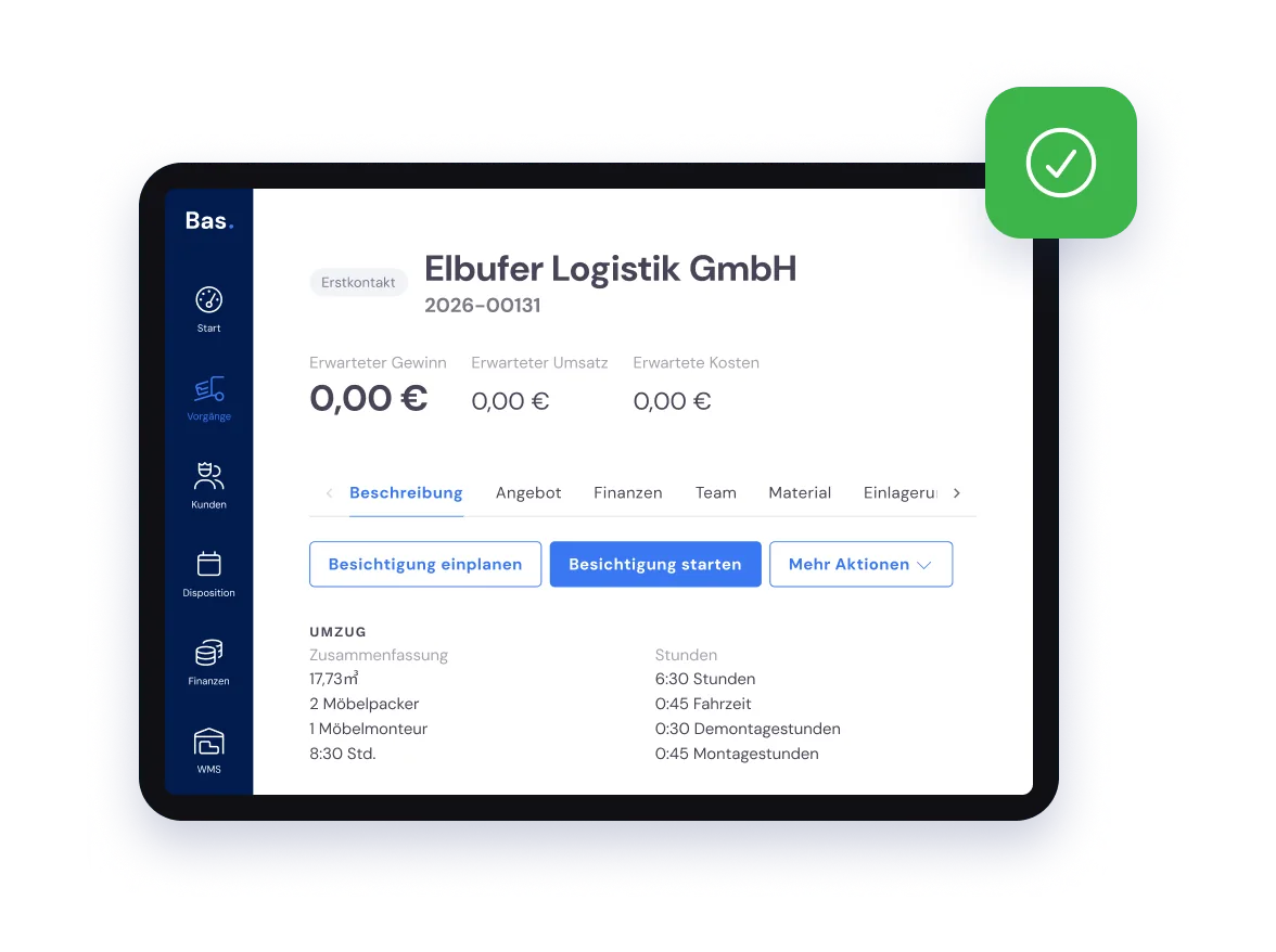 Bas auf einem iPad: ein geöffneter Vorgang mit Kundendaten, Umzugsdetails und der Schaltfläche „Besichtigung starten“