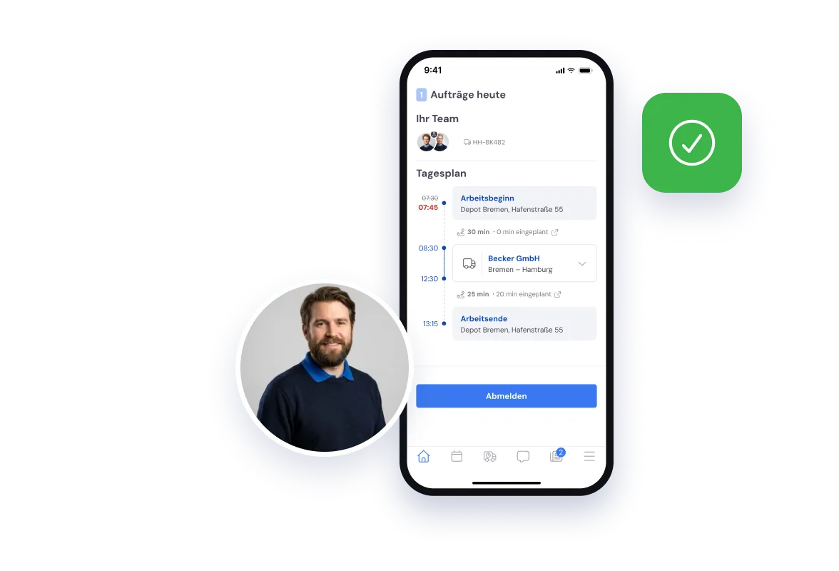 Die Mitarbeiter-App mit den heutigen Aufträgen, neben einem Umzugshelfer aus dem Team