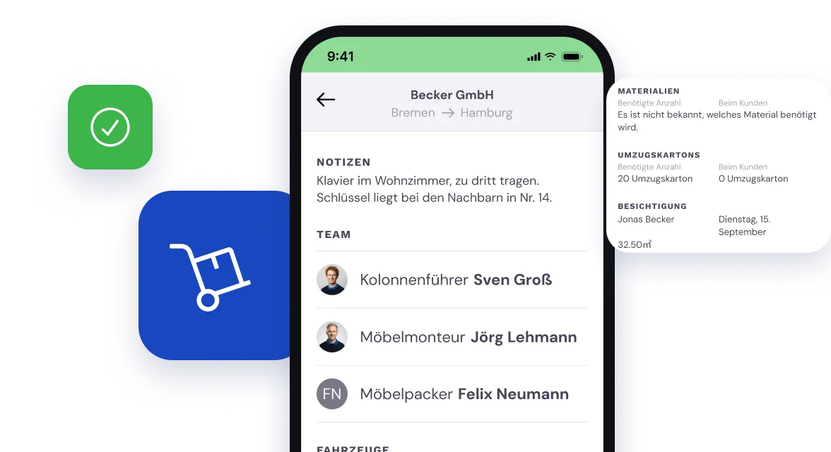 Auftragsinformationen in der Mitarbeiter-App von Bas: Notizen, Team und benötigte Umzugskartons
