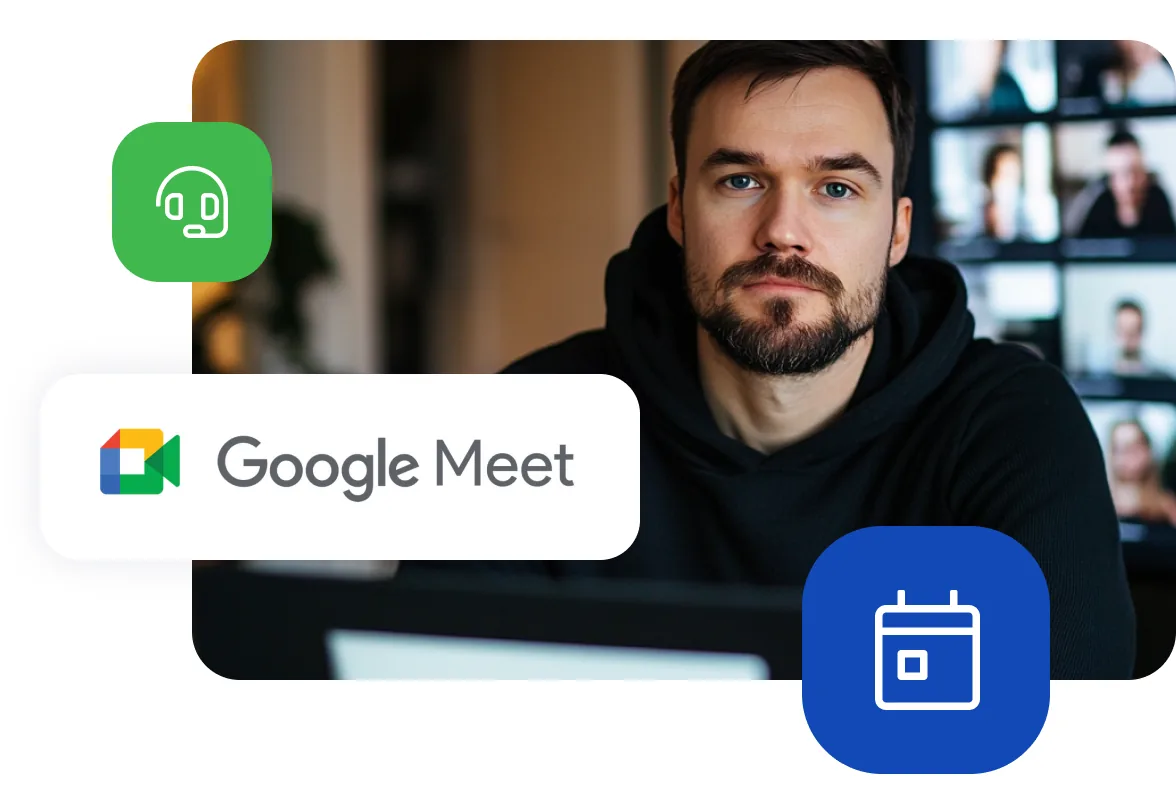 Homme lors d'un appel de démo en ligne via Google Meet