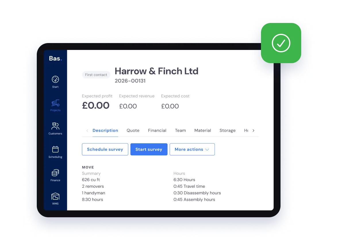 Bas on an iPad: an open project with customer details, move details and the Start survey button