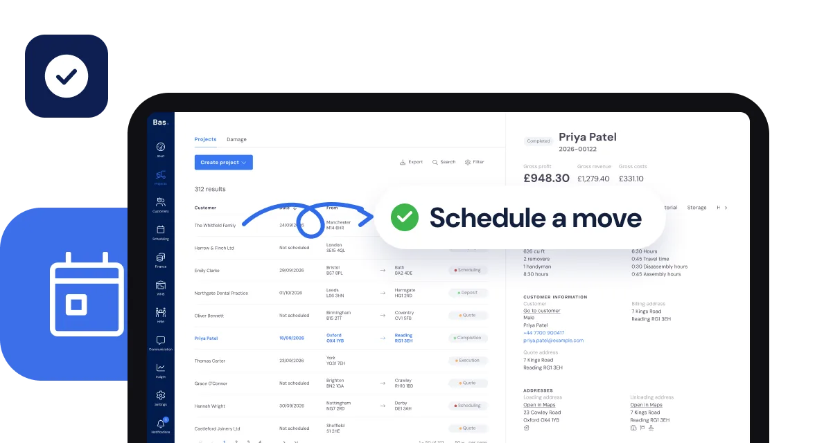Customer project in Bas with the step Schedule a move