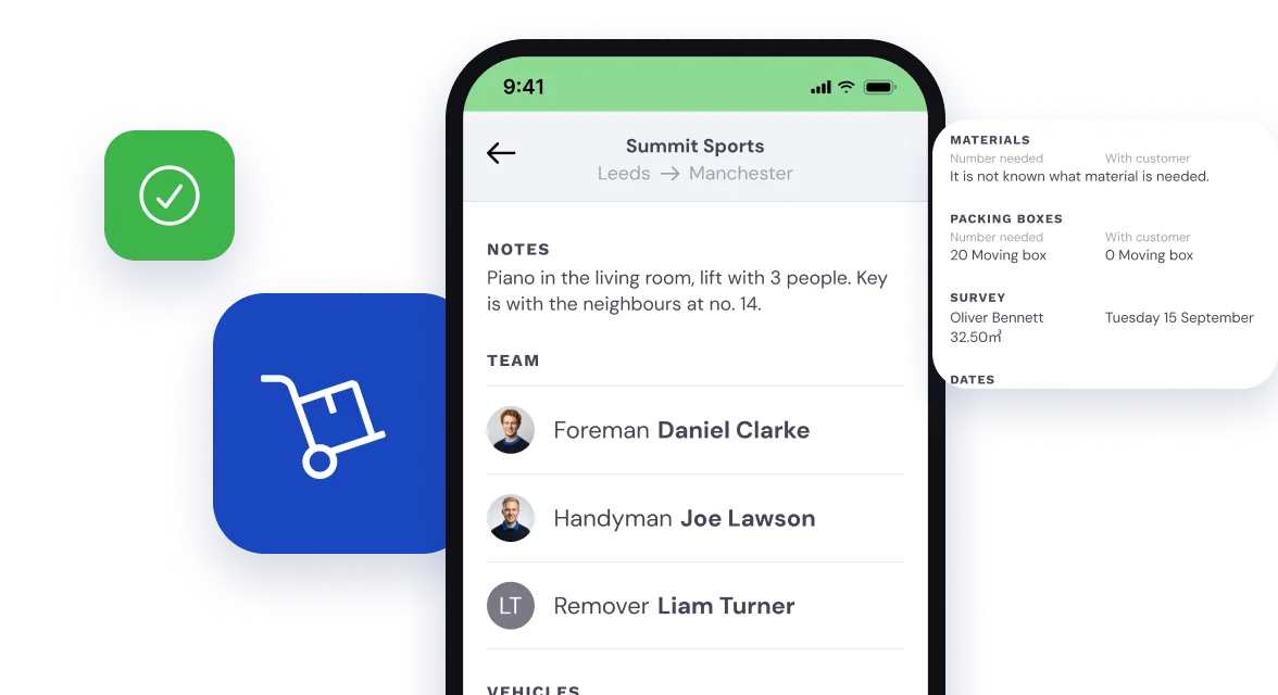 Job details in the Bas employee app: notes, team and the packing boxes needed
