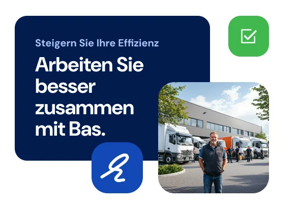 Textblock über bessere Zusammenarbeit mit Bas, Unternehmer vor Fuhrpark