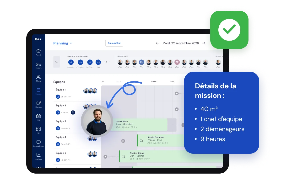 Le planning de Bas sur un iPad, avec les détails de la mission