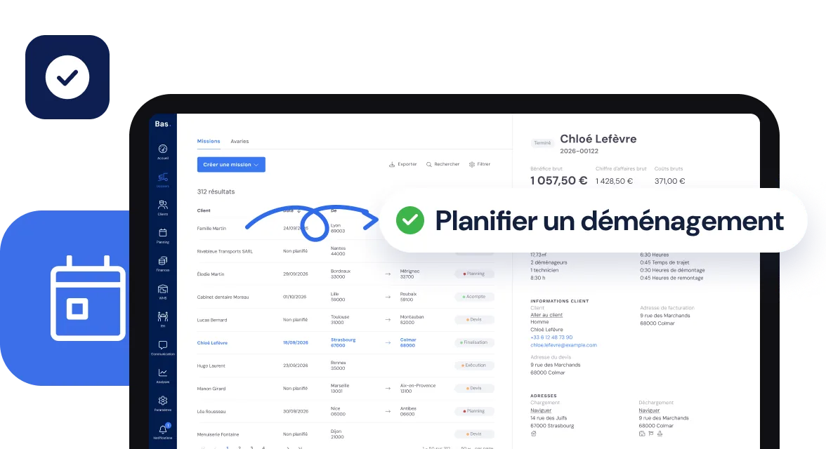 Dossier client dans Bas avec l’étape Planifier un déménagement