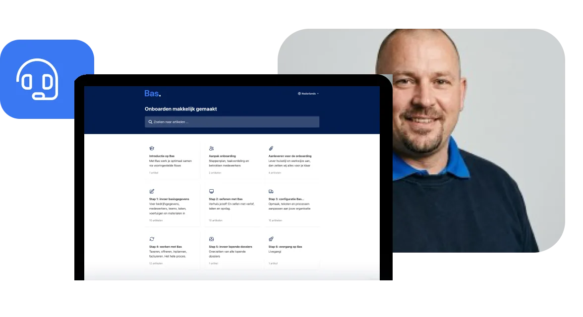 Le portail d'onboarding de Bas sur un ordinateur portable, à côté d'un déménageur