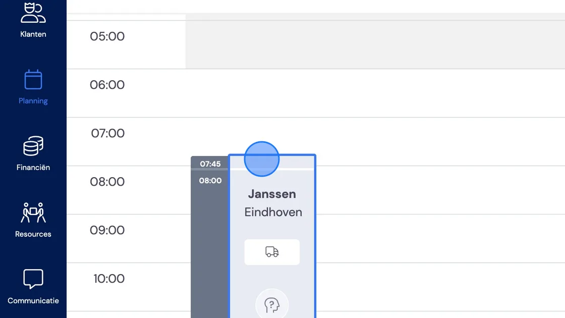 Screenshot of: Als je op de afspraak klikt klapt hij volledig open met alle informatie.1. Het eerste tijdstip de vertrektijd vanaf loods/vertreklocatie2. De 2e tijd is de verwachte aankomsttijd op locatie.3. Het 3e tijdstip is verwachte eindtijd op locatie4. Indien je nog reistijd terug hebt is dat de verwachte aankomsttijd loods.