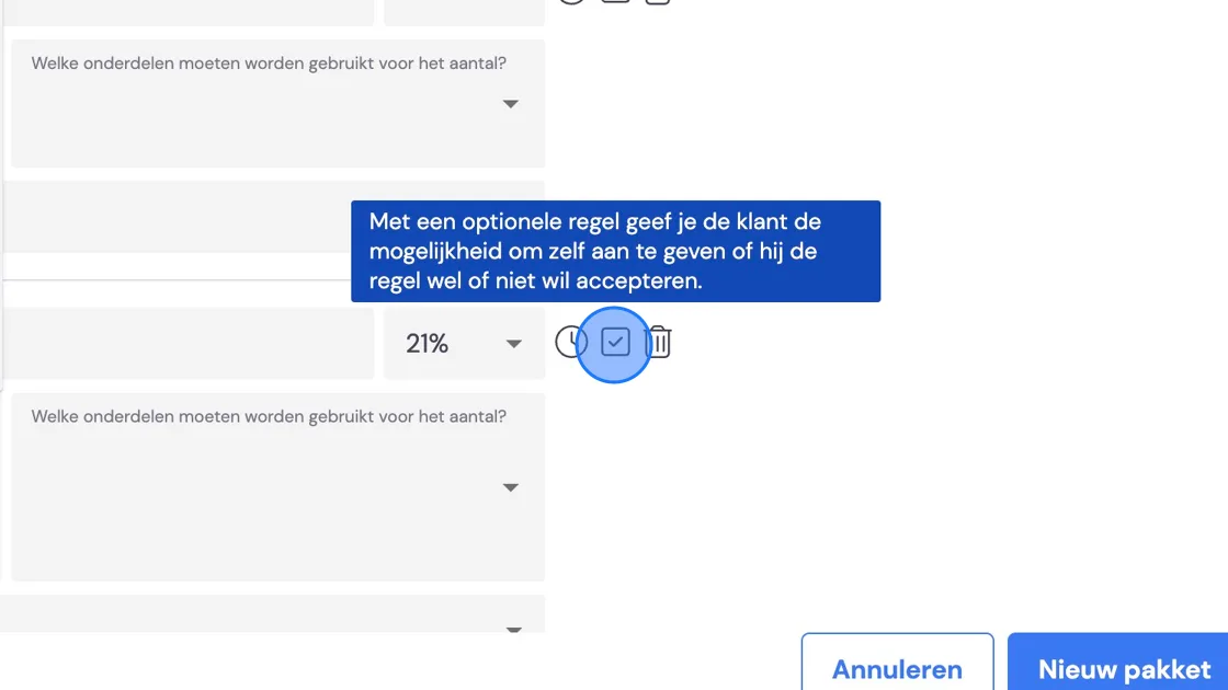 Screenshot of: Behind each line you can tick this box to make the field optional for the surveyor during the survey. For example, optional disassembly and reassembly of furniture, or packing and unpacking of the moving boxes.