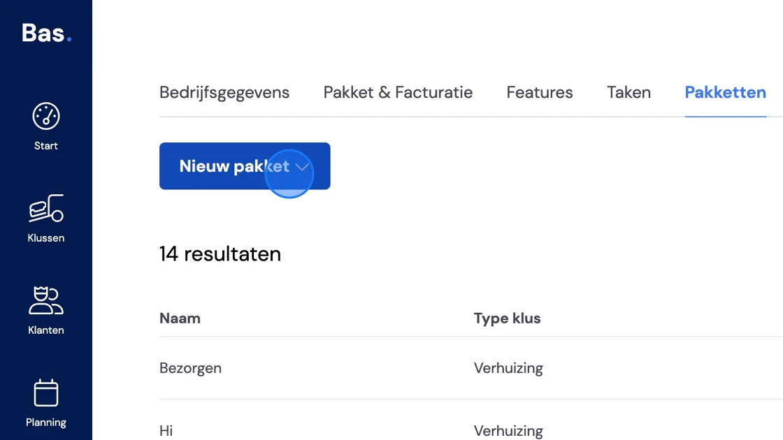 Screenshot of: We're now going to create a new package, but here you can also open and adjust your saved package.