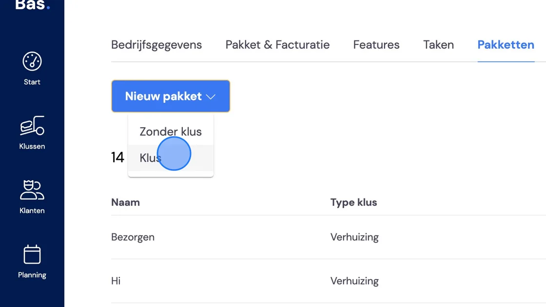 Screenshot of: You now choose a package with Job. This means a business or private move. Without job is for example for hiring out vehicles or selling moving boxes, for which no work orders need to be created. In this guide we'll continue with creating a standard private move. A guide for further working out a package without a job can also be found in our help list.