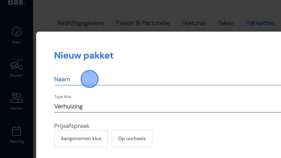 Screenshot of: Give your package a recognisable name. Note! This name can no longer be changed later. On the second line you can choose what type of job you want to specify.