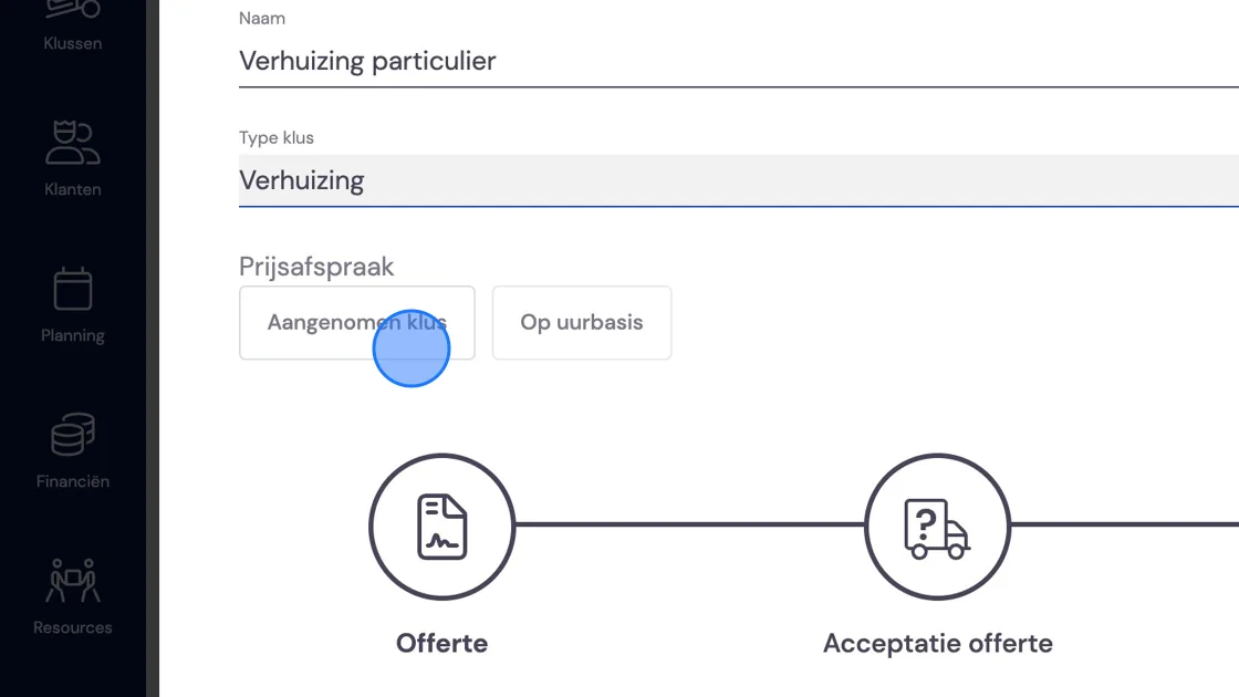 Screenshot of: Here you can choose whether you offer this package at a fixed price or whether you want to do it on an hourly basis. We'll now continue with a fixed-price job. For a package on an hourly basis, we refer you to creating a business move package.