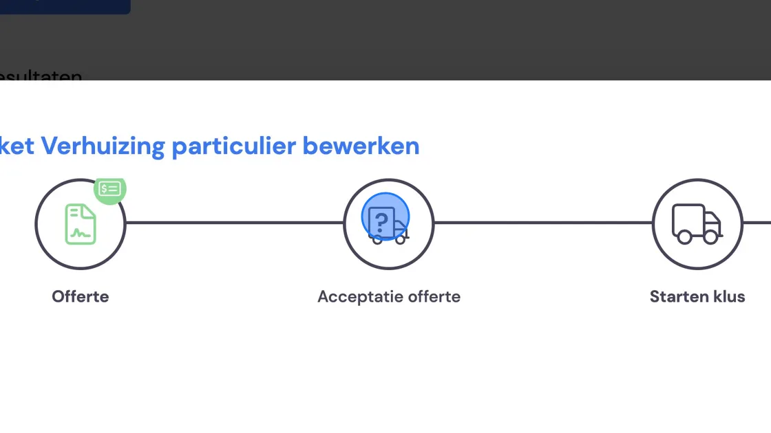 Screenshot of: We're now going to choose the moment at which the invoicing task is created. There are two scenarios for this: 1. Invoicing 100% can happen at any moment of the job. For this, you choose the moment that suits you best. 2. Invoicing partially, e.g. 50/50 for a move via storage. or a 10% deposit. for the last option you choose two invoice moments. Further on we'll explain everything that will then happen.