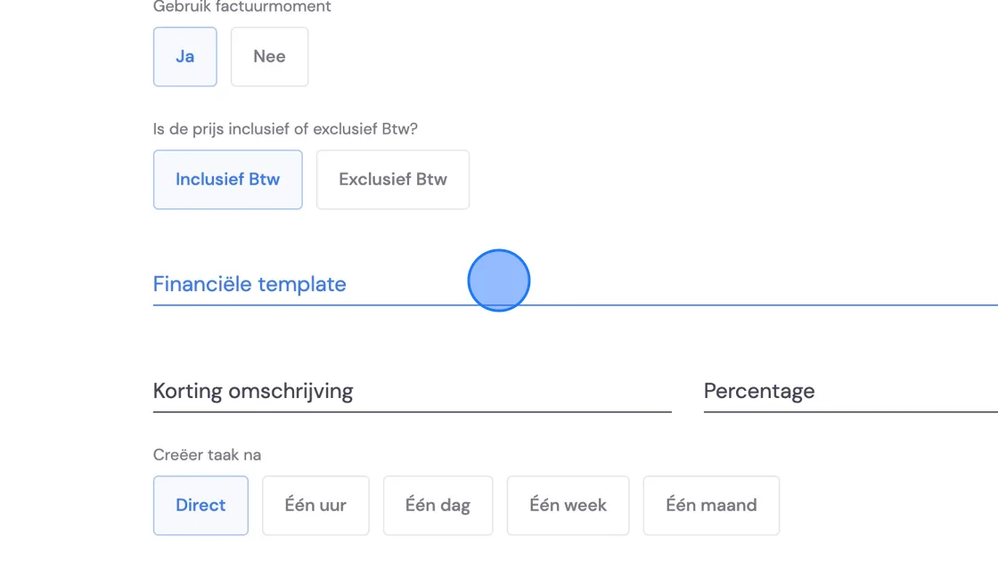 Screenshot of: Here choose Including or Excluding VAT and the invoice template you created beforehand. Note: If you've chosen one of the last 3 invoice moments, you also have the option here to let the removal crew settle payment on the job. We also offer a link with payment provider