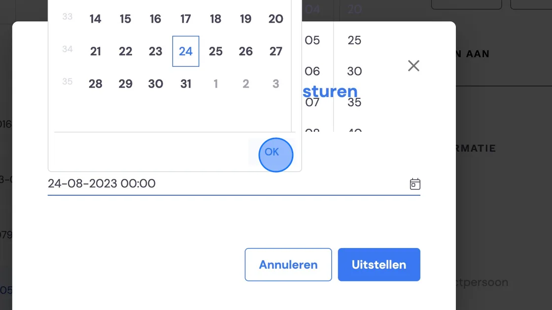Capture d'écran : Vous pouvez aussi choisir les heures à droite du calendrier. Appuyez sur 