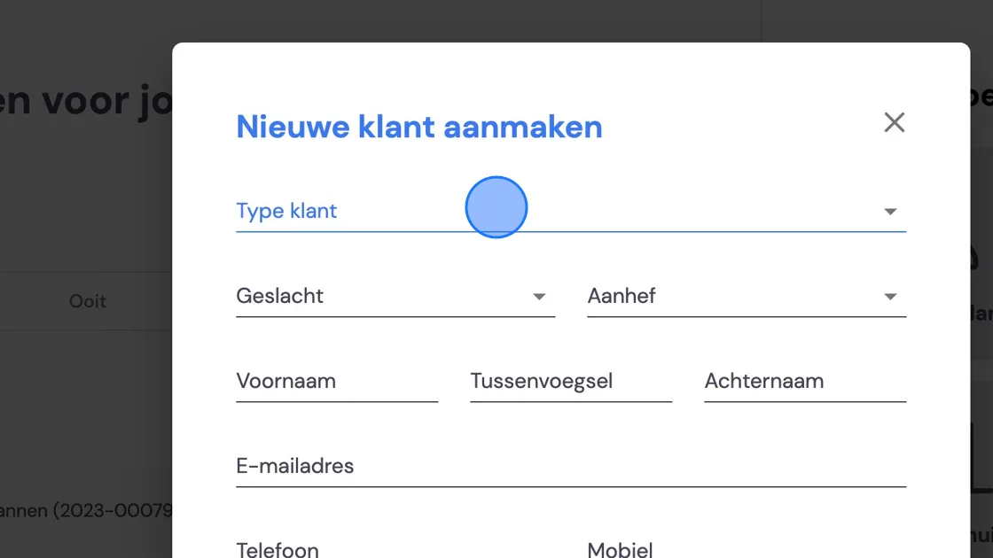 Screenshot of: Fill in all the details. If you have a business customer, you can add contact persons in the following steps. First complete the creation of the customer.