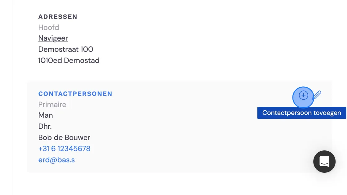 Screenshot of: On the right of the screen you'll see the contact person you created in step 2. If you want to change anything here, you can click the pencil icon. To add a contact person, click the plus icon.