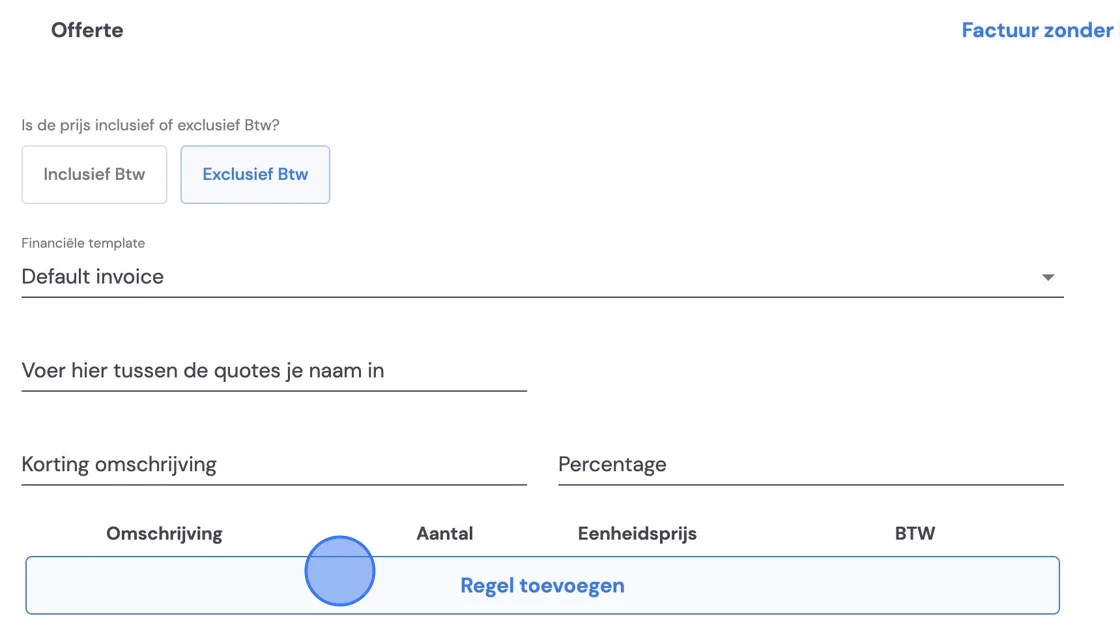 Screenshot of: Here you set things like VAT, the template you should have already created, and any discount or third-party fee. Then fill in the standard lines that will come up when invoicing.