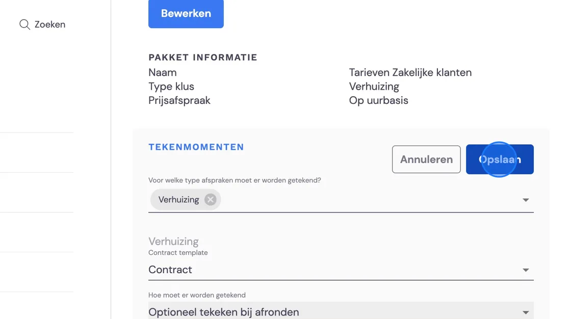 Screenshot of: Just as with private moves, choose the moments here, a template as you like, and whether it's mandatory to ask for a signature or whether the foreman can proceed if there's no one there.