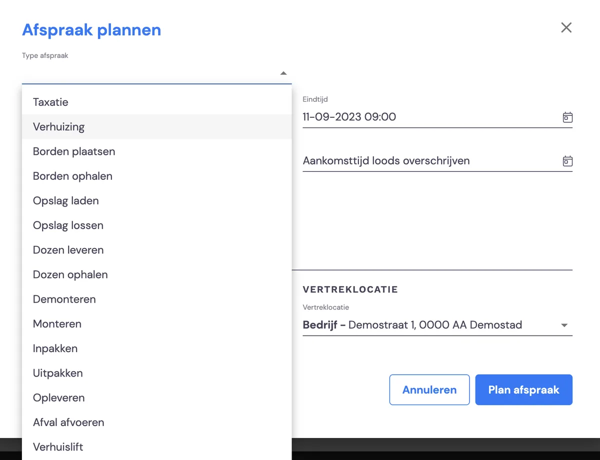 Scheduling loading into storage: screenshot 1