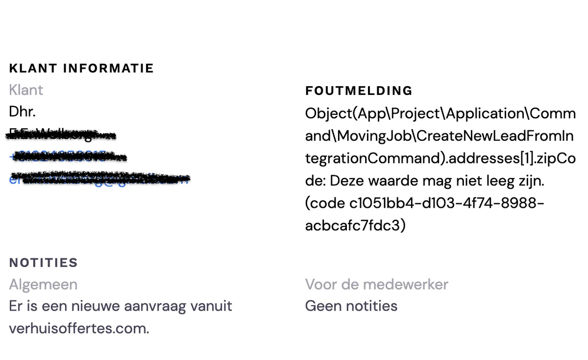 Mislukte lead generatie: schermafbeelding 2