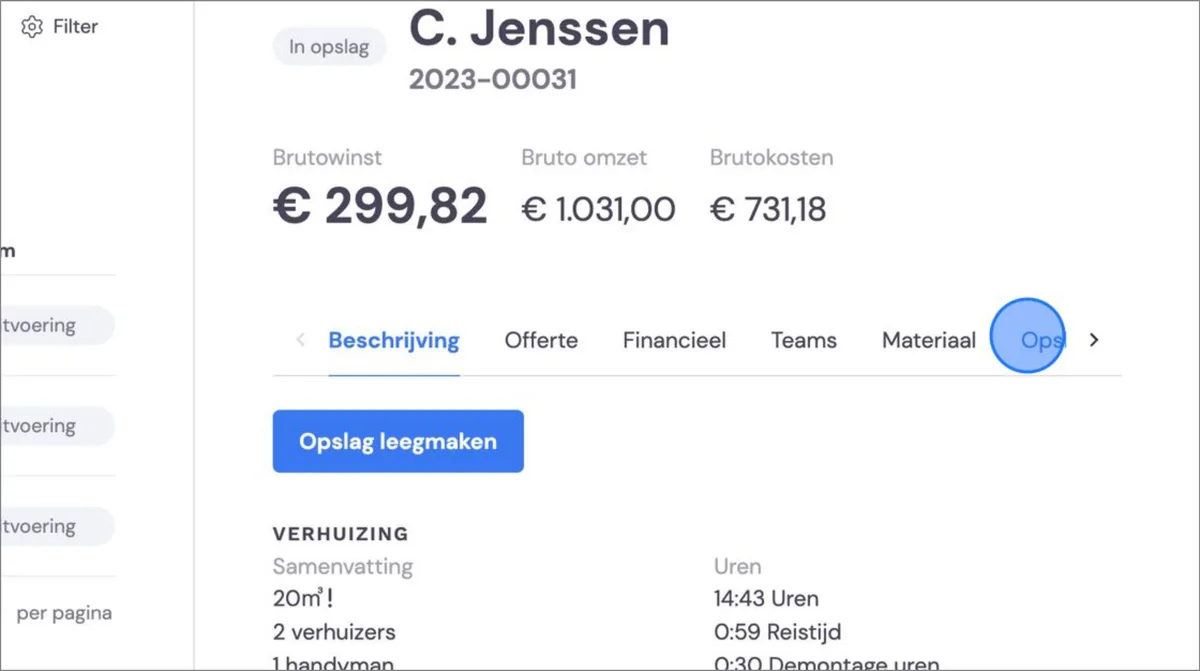 Storing items for a customer via a job: screenshot 5