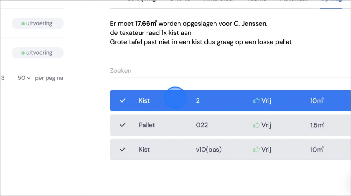 Storing items for a customer via a job: screenshot 6