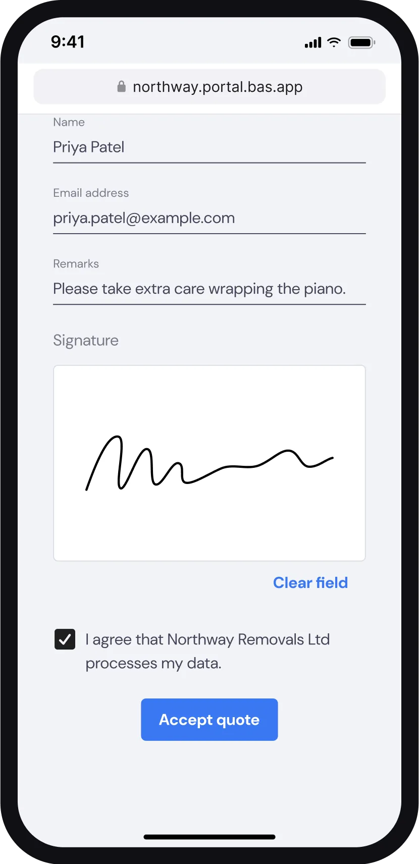 Phone showing the online quote page where the customer fills in their name and email, signs and accepts the quote
