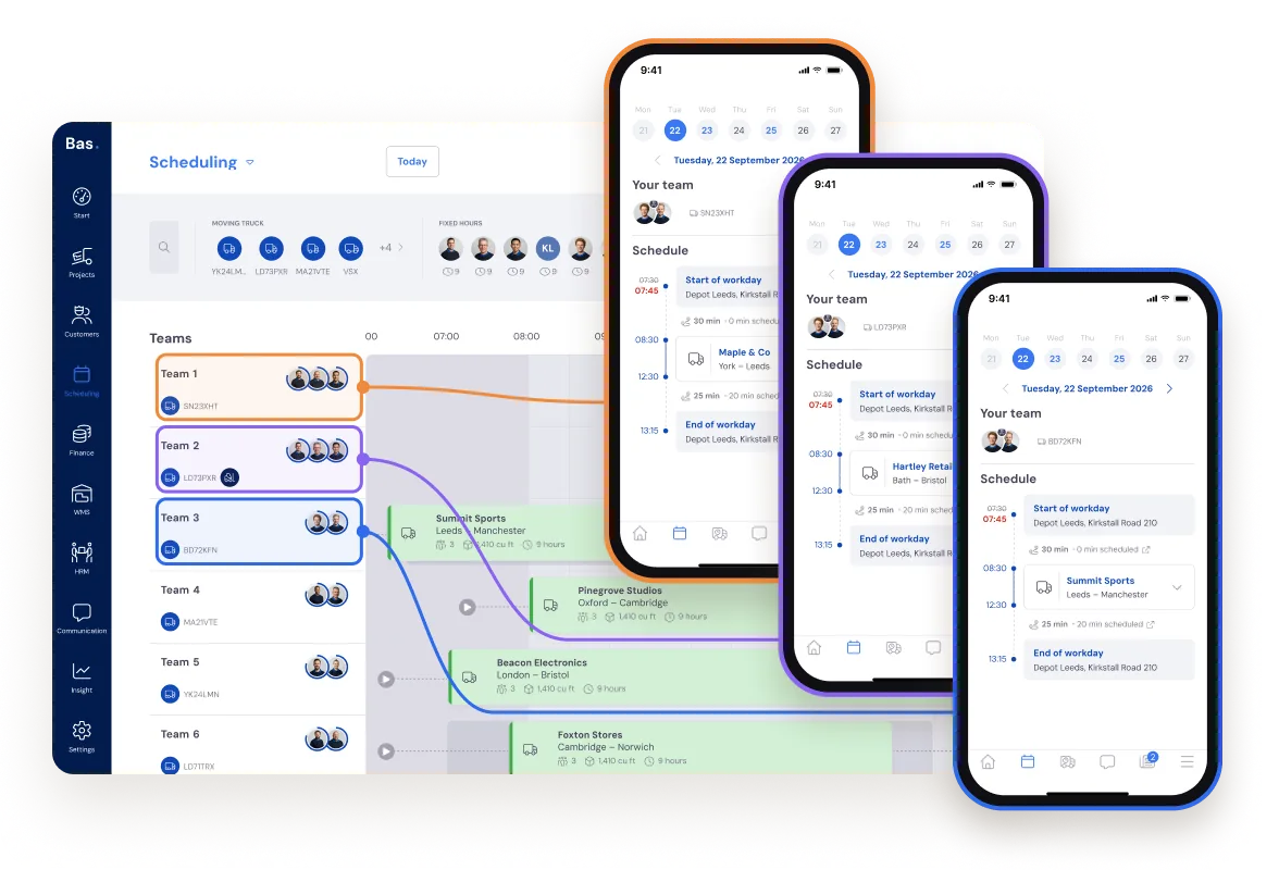 Schedule board in Bas and the day plan of three crews in the employee app